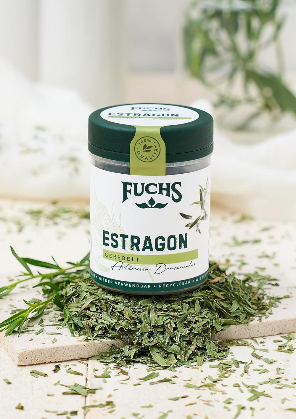 Fuchs Gewürze - Estragon gerebelt - französisches Kraut zur Verfeinerung von Salaten, Sauce Hollandaise oder Rührei - natürliche Zutaten - 10 g in wiederverwendbarer, recyclebarer Dose