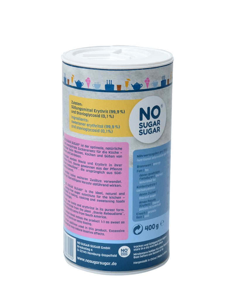 NO SUGAR SUGAR 400 G Erythrit + Stevia Vegan, 100% Zucker- & kalorienfreier Zuckerersatz, Zahnfreundlich 1:1 Süße Gegenüber Zucker, Gesunde Alternative Ohne Eigengeschmack Zum Kochen, Backen, Süßen Sweeteners Naty Shop