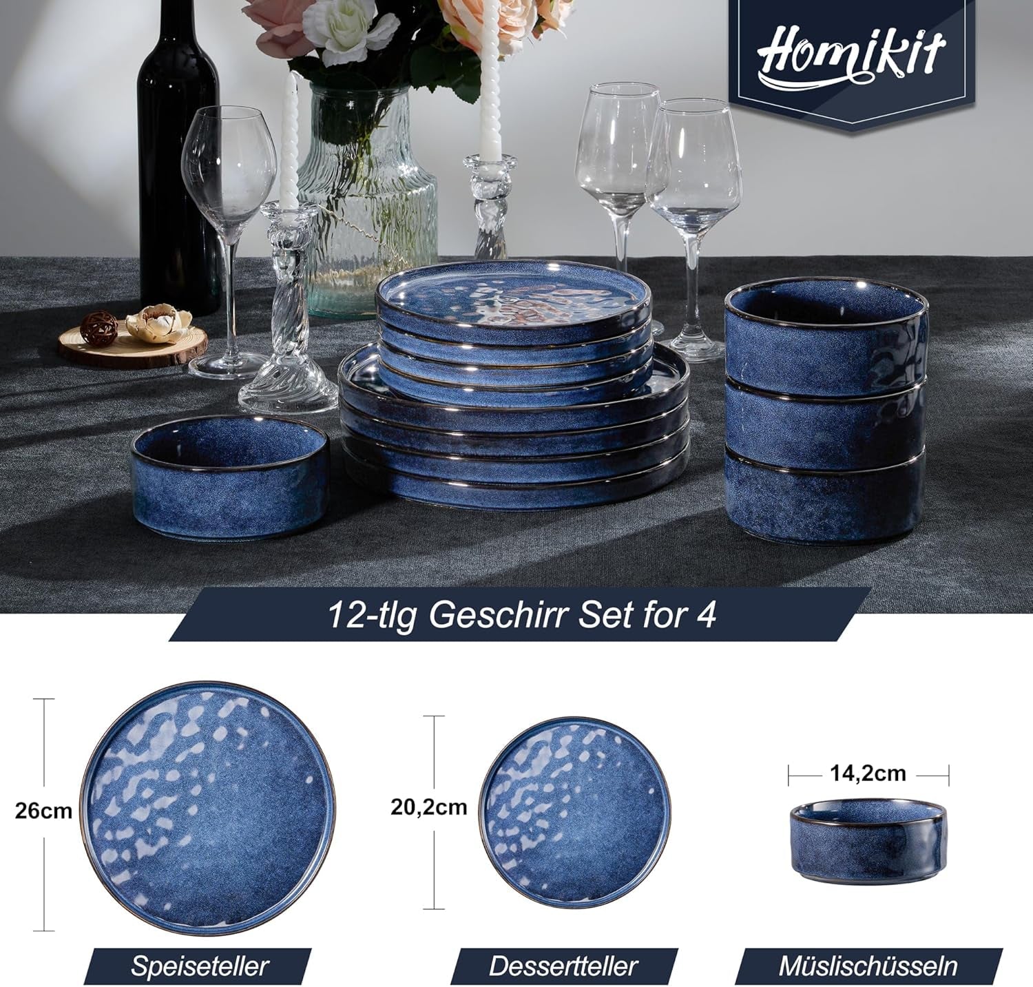 Set de veselă Homikit, set de veselă cu 12 piese pentru 4 persoane, serviciu de cină combinat cu farfurii, farfurii de desert și boluri pentru cereale, potrivit pentru cuptorul cu microunde și mașina de spălat vase, albastru elegant