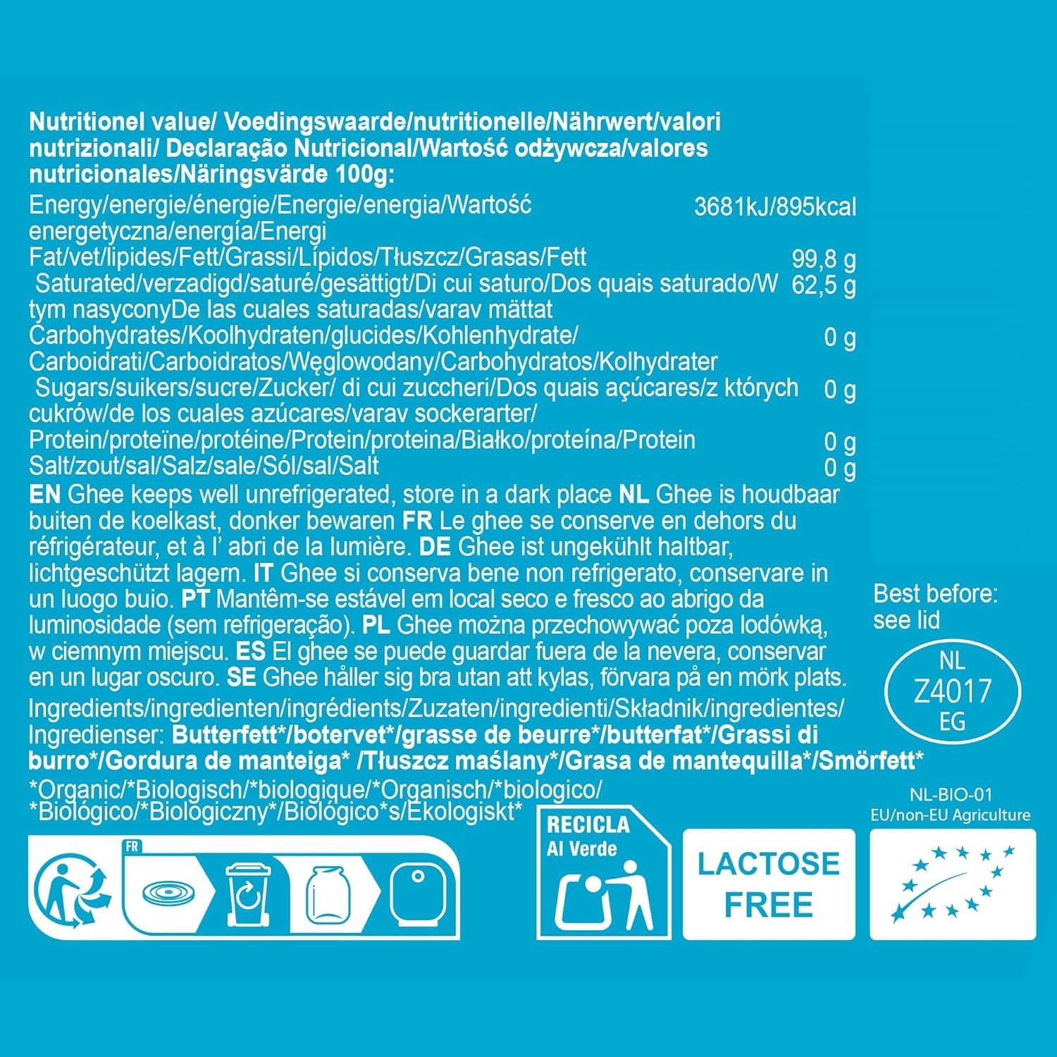 Ghee Easy 850g Ghee Bio von Grasgefütterten Kühen - Ghee Butter ohne Zusatzstoffe - Zertifiziert Organisch & Biologisch - Hochreines Ayurveda Ghee ohne Laktose und Gluten - 100% europäisch