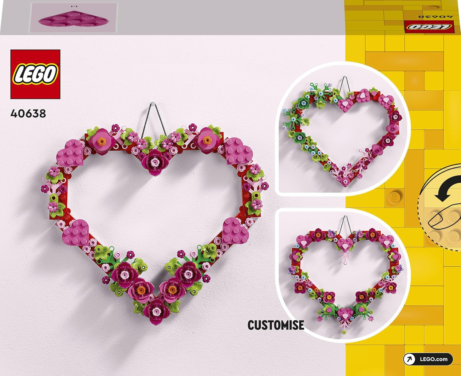LEGO Herz-Deko Spielzeug - Bastelset für Kinder inkl. Ausstellungsmodell mit Kunstblumen, Blättern und kleinen Herzen - Geschenk zum Muttertag - 40638