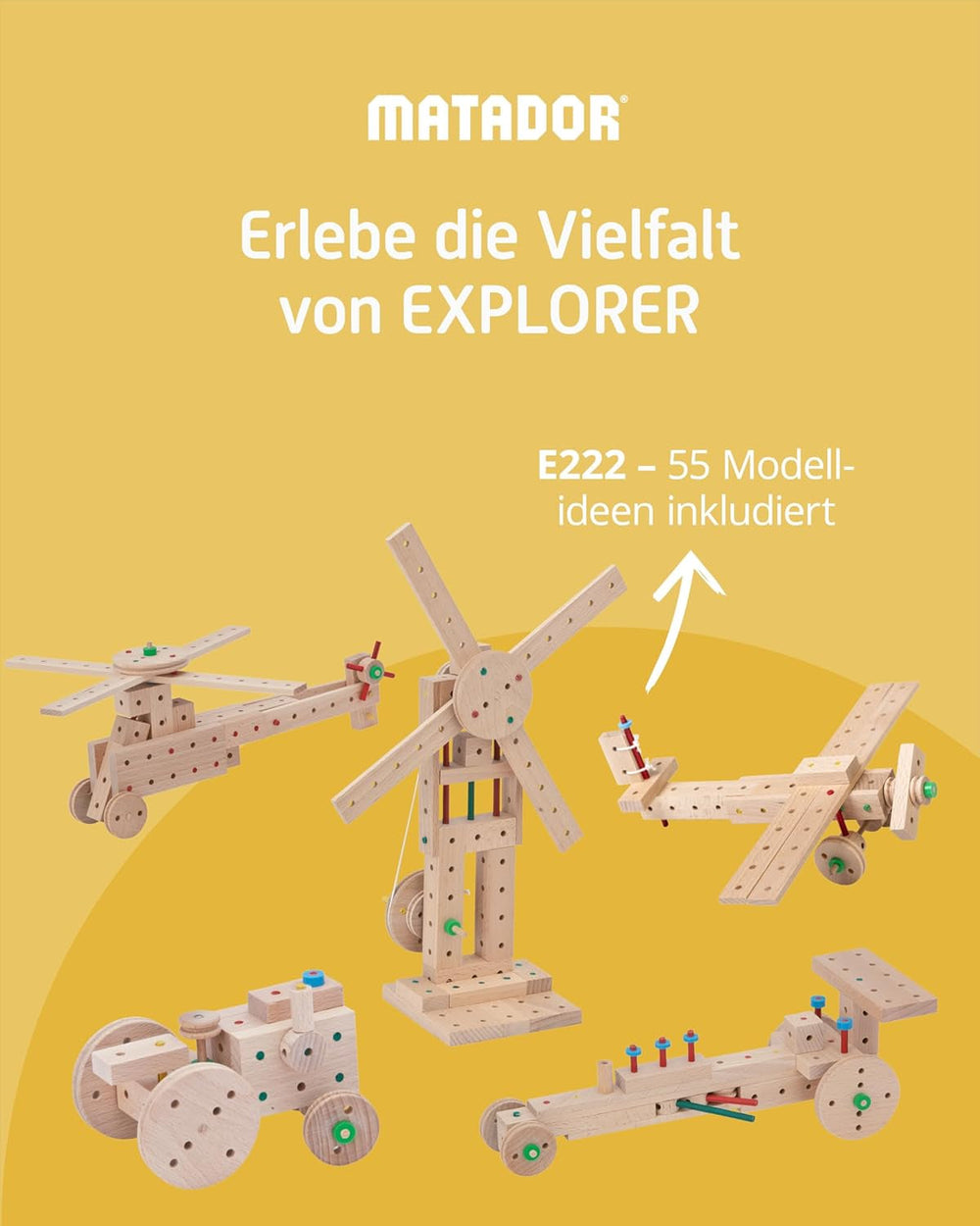 Matador Kinder Baukasten ab 5 Jahren 222-tlg. - Spannendes Holz Konstruktionsspielzeug zur Schulung von Kreativität und Feinmotorik, Bauspielzeug mit Stäbchen, Klötzen, Hammer & Zange