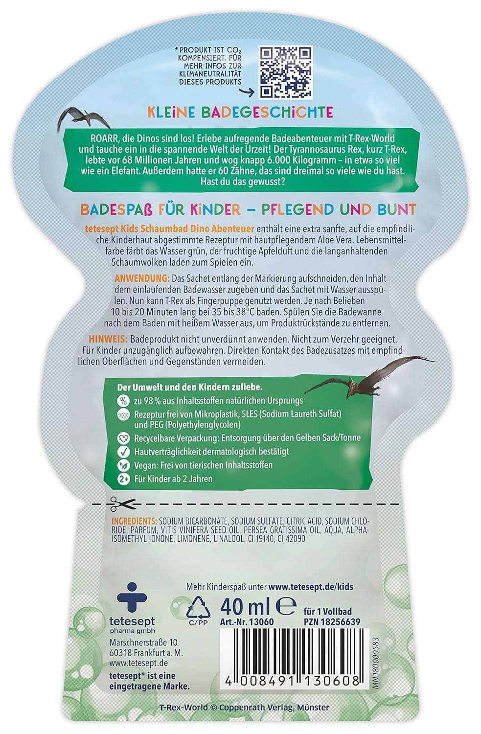 Tetesept Kids Dino - aditiv de baie pentru copii, spuma, coloreaza apa in verde, 40 ml Naty Shop