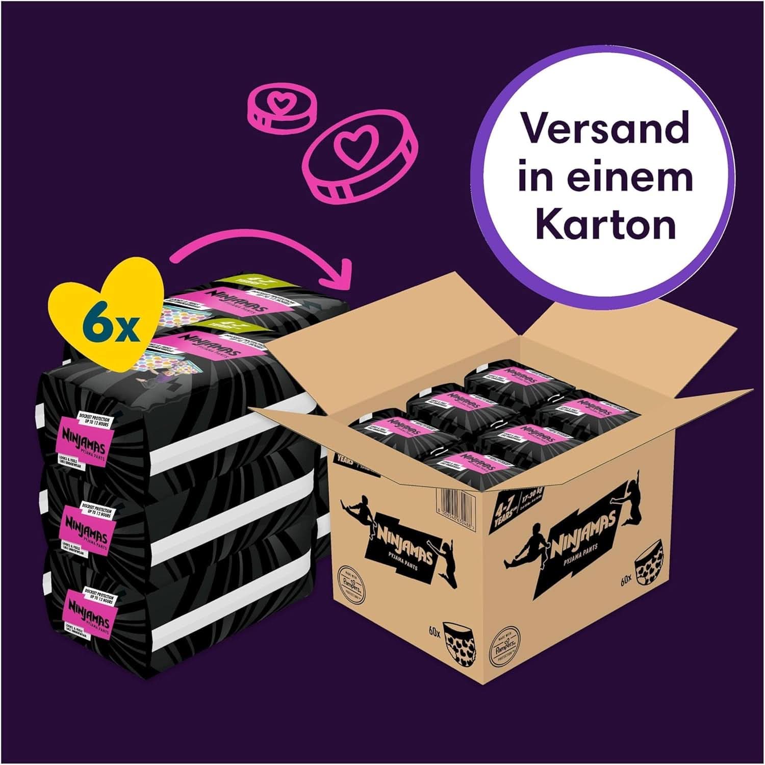 Pantaloni de pijama Ninjamas Hearts, 60 pantaloni de noapte absorbanți, 7 ani, 17Kg-30Kg Mama si Copilul Naty Shop