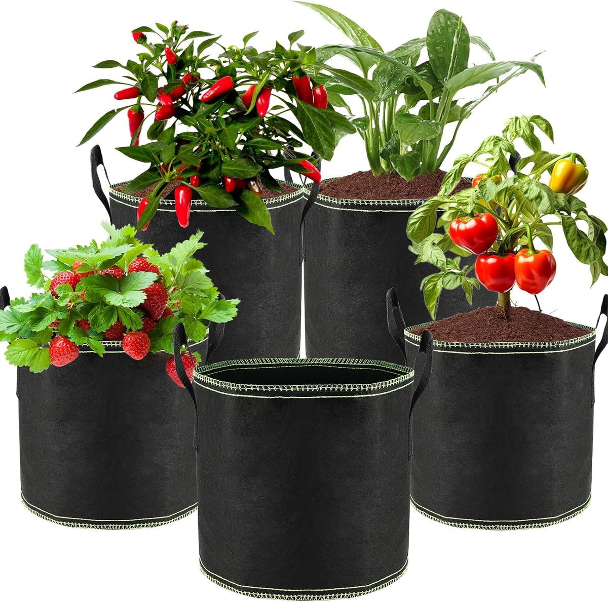 5 x 12L Ghivece pentru roșii, Saci de plantare din material nețesut cu mânere, Ghivece de grădină îngroșate și ventilate, Saci de plantare reutilizabili pentru cartofi, roșii, legume, flori și căpșuni