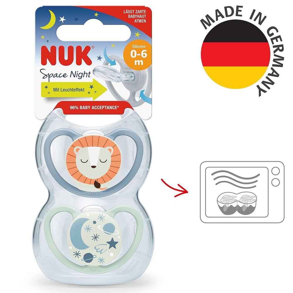 Suzete NUK Space Night, 0-6 luni, orificii de ventilație extra mari, strălucesc în întuneric, silicon fără BPA, vulpe și buburuză, 2 bucăți