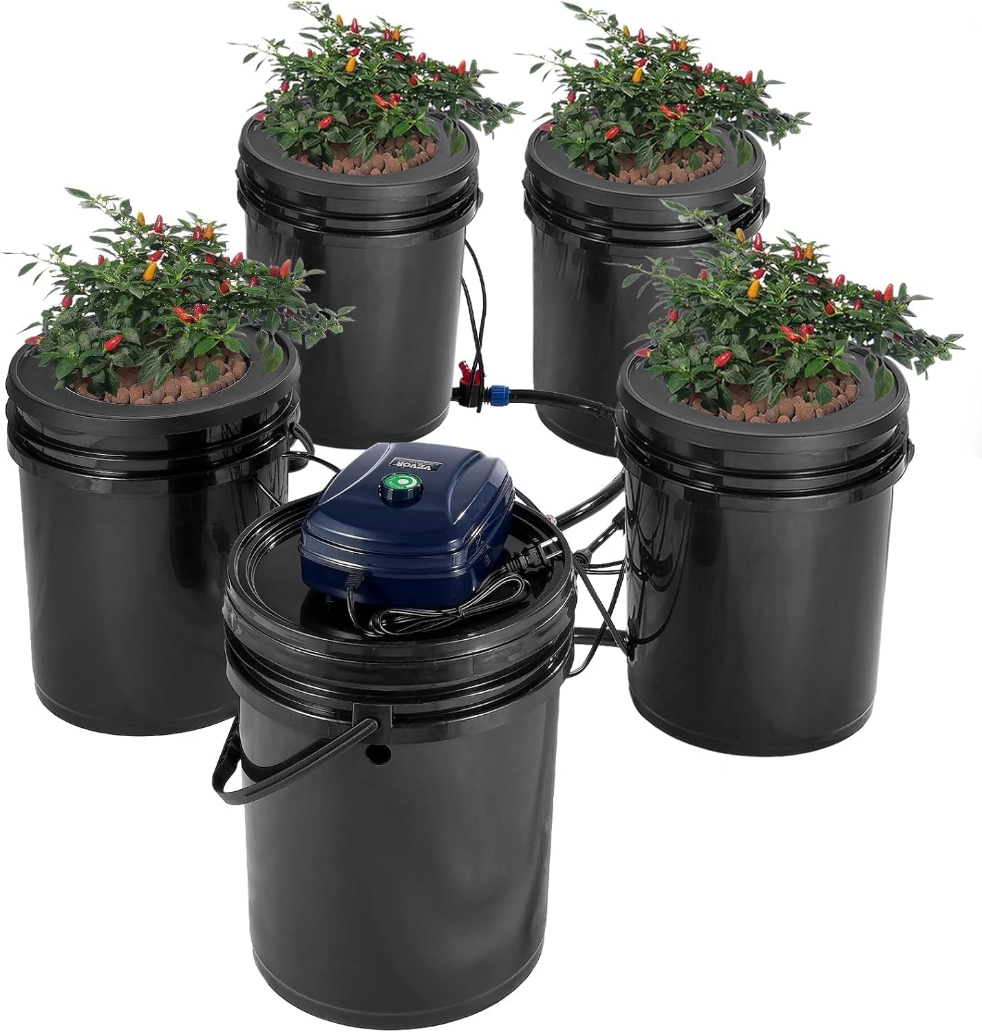 Sistem de creștere hidroponică VEVOR DWC, Sisteme de creștere hidroponică, Cultivare în apă adâncă 4 găleți de 20 de litri, Sistem DWC cu pompă de aer, pietre de aer și indicator al nivelului apei pentru legume cu frunze