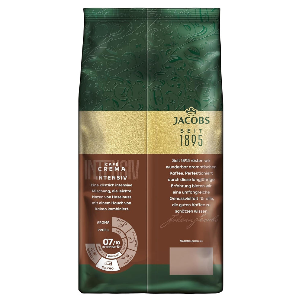Jacobs Kaffeebohnen Café Crema Intense, intensiv mit Kakao- & Nussnote, geröstet in Bremen, Intensität 7/10, Kaffee ganze Bohnen, 1 kg