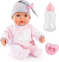 Bayer Design 93829AA My Piccolina Interactive Puppe mit Funktion, sprechend, Babypuppe bewegt den Mund, 38 cm, Schnuller, Flasche, Rosa, Grau