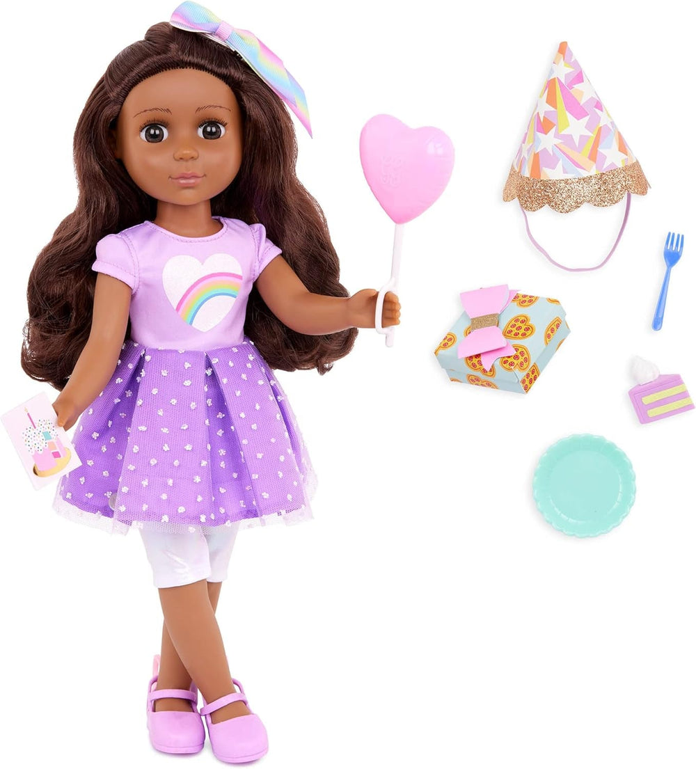 Glitter Girls - Cicely - 36 cm Geburtstagspuppe - Regenbogen Herz Kleid, Geburtstag Hut, Kuchen, Ballon - Poseable Arme & Beine - Rote Haare und grüne Augen - 3 Jahre +