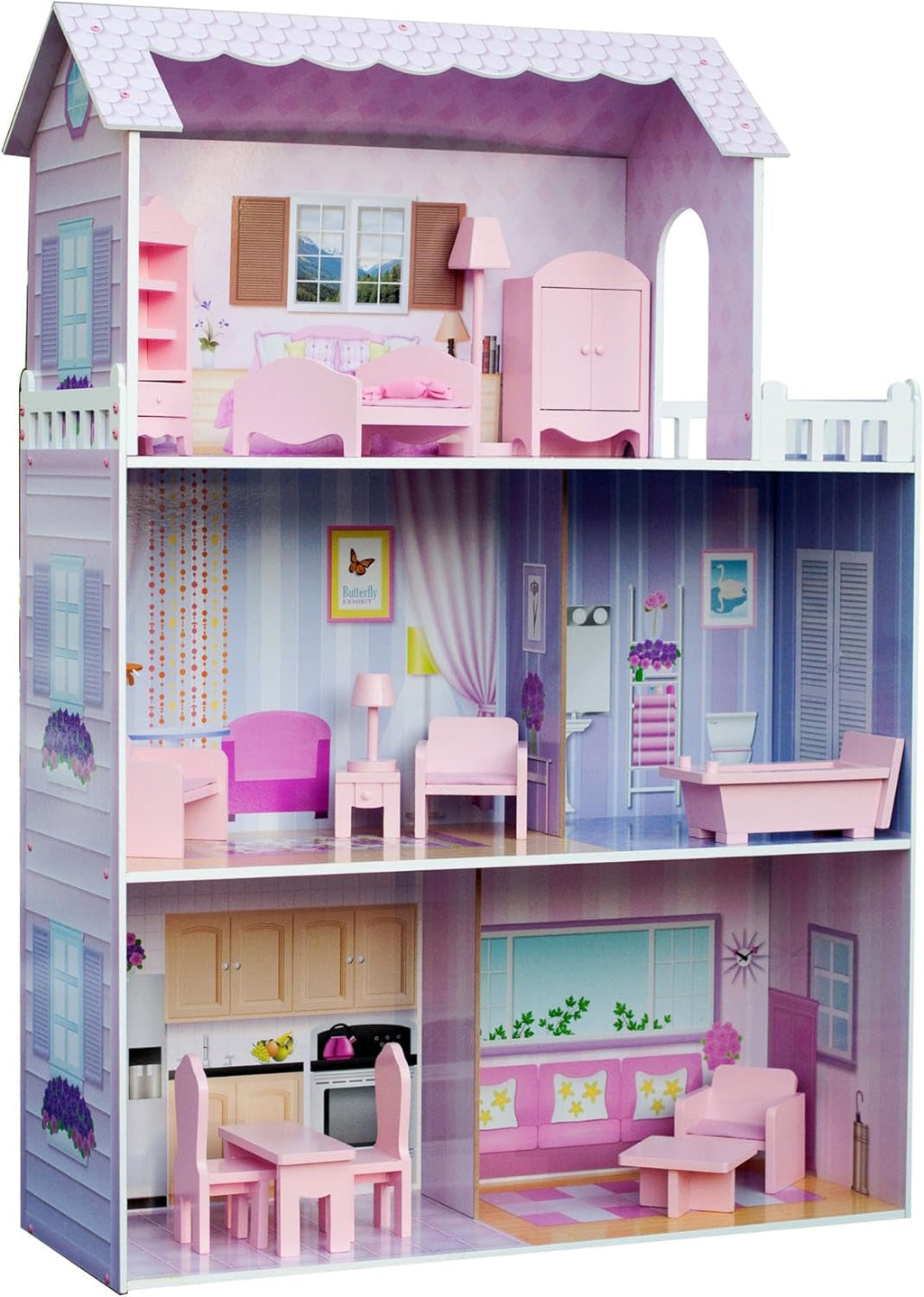 Olivia's Small World Giant Dollhouse, casă mare de păpuși din lemn cu mobilier și accesorii, casă de păpuși cu 3 etaje pentru copii, casă de păpuși pentru păpuși de 12", 3 ani + Casute de papusi Naty Shop Conac Fancy