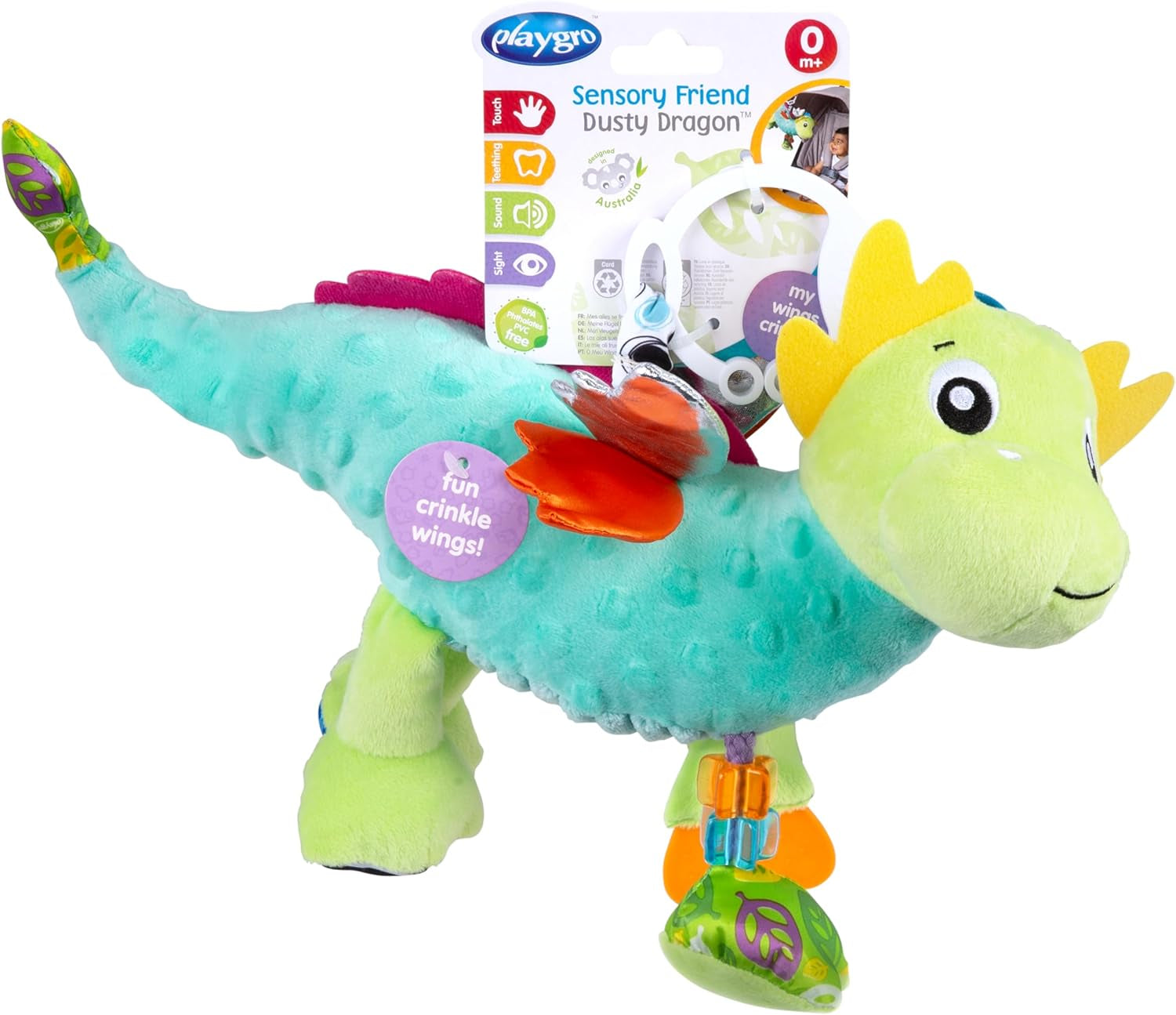 Playgro Sensory Friend, Dragon Dusty - jucărie pentru copii - abilități motorii - senzoriale pentru copii - zornăitor pentru copii - abilități motorii pentru copii - jucărie pentru copii - colorată Jucarii Bebe Naty Shop