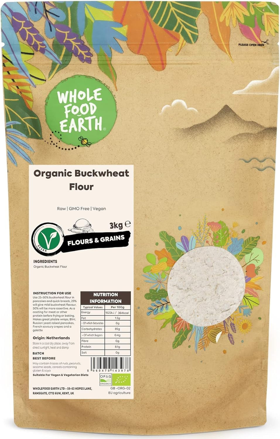 Wholefood Earth Bio-Buchweizenmehl 1kg | Grausam | GVO-frei | Vegan | Bio-zertifiziert