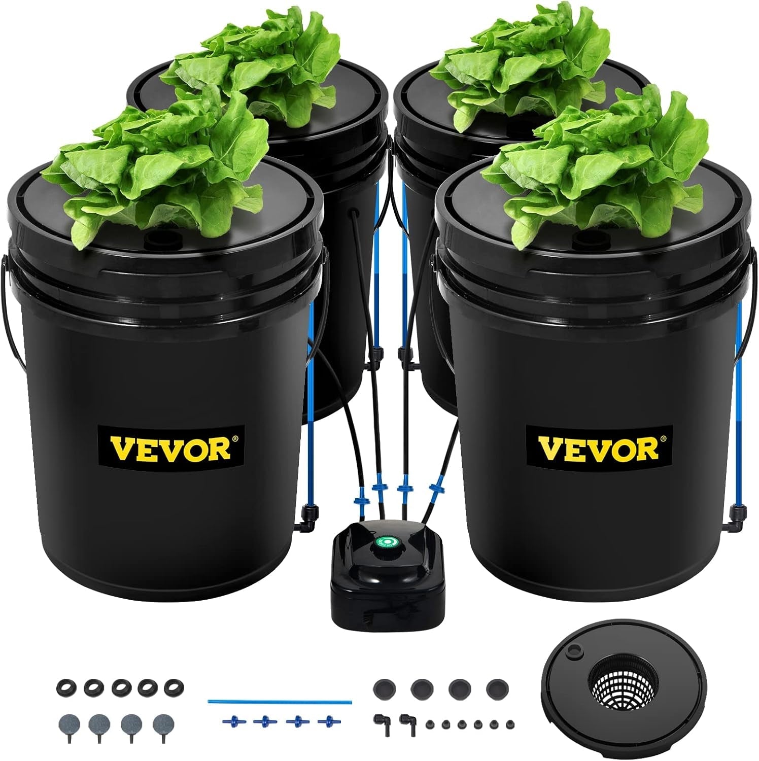 Sistem de creștere hidroponică VEVOR DWC, Sisteme de creștere hidroponică, Cultivare în apă adâncă 4 găleți de 20 de litri, Sistem DWC cu pompă de aer, pietre de aer și indicator al nivelului apei pentru legume cu frunze