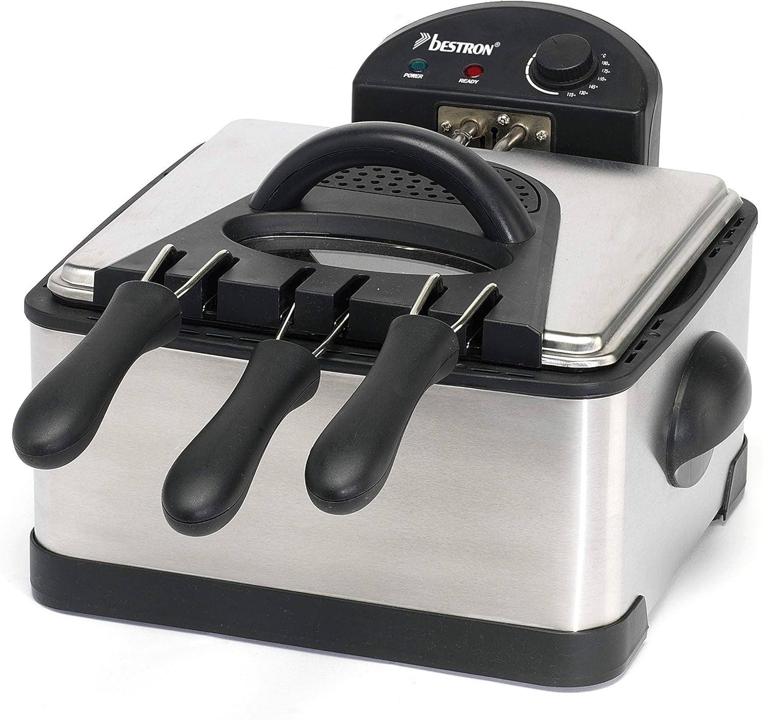 Bestron XL Ölfritteuse mit 3 Frittierkörben, inkl. Kaltzonentechnologie und abnehmbarem Öltank, 4 Liter, 2000 W Haushaltsgeräte Naty Shop Silber