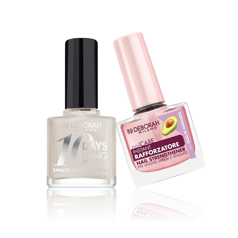 Set de ojă Milano pentru întărirea unghiilor fragile și umflate, 9,5 ml și ojă 10 Days Long N.882 Nude Rose, efect lucios cu fixare îndelungată, 11 ml