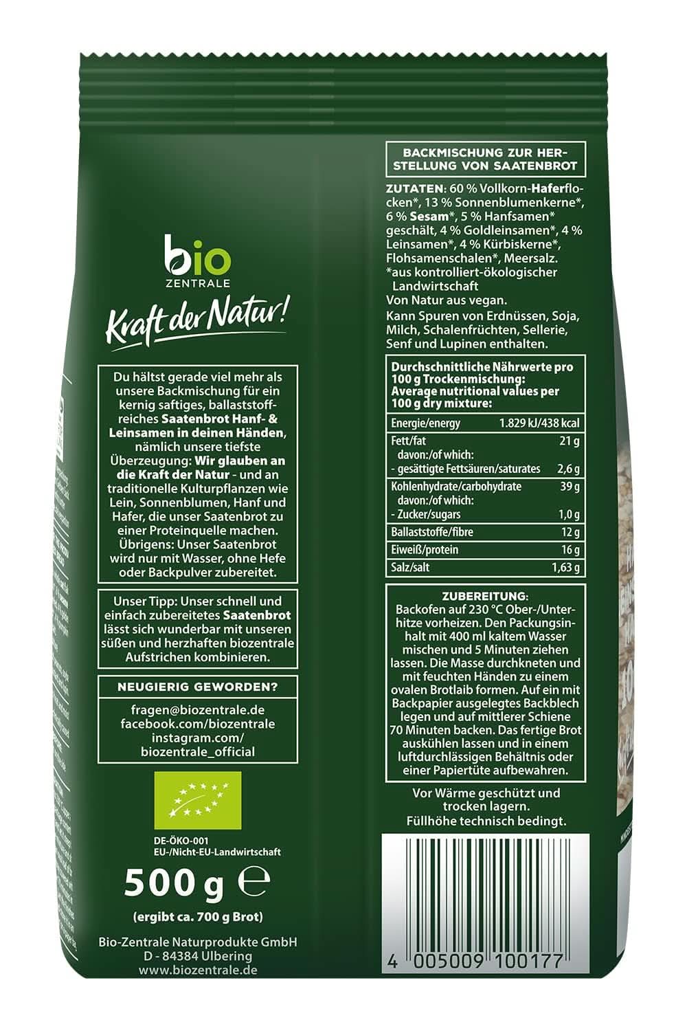 Biozentrale, Brotbackmischung mit Hanfsamen und Leinsamen, Bio, 500 Gramm Kitchen Naty Shop