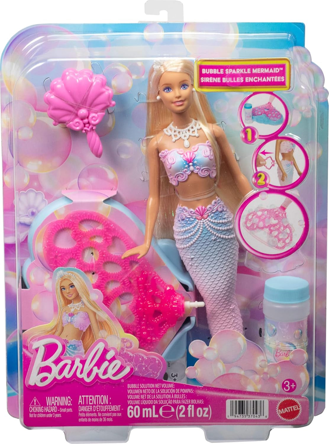 Barbie Bubble Sparkle Meerjungfrau-Puppe mit Seifenblasenfläschchen und -lösung, Tablett und Bürste, extralanges Blondes Haar mit Farbsträhnchen, JLW56