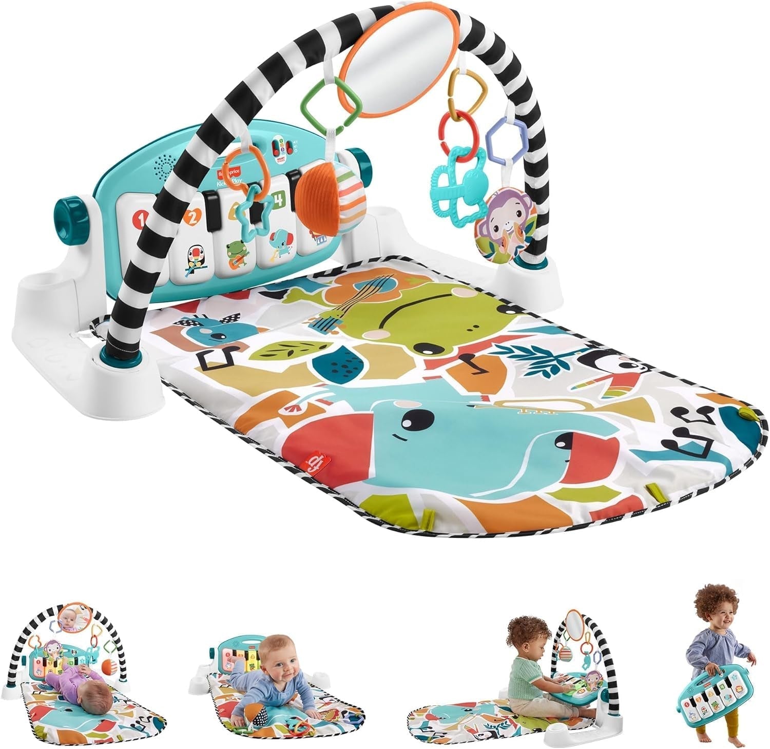 Fisher-Price Kontrast Kick & Play pătură cu pian pentru bebeluși, pătură distractivă cu pian, jucărie muzicală portabilă cu conținut de învățare Smart Stages, de la 0 luni, albastru, versiune franceză, HWY56 Jucarii Bebe Naty Shop Lovitură de contrast