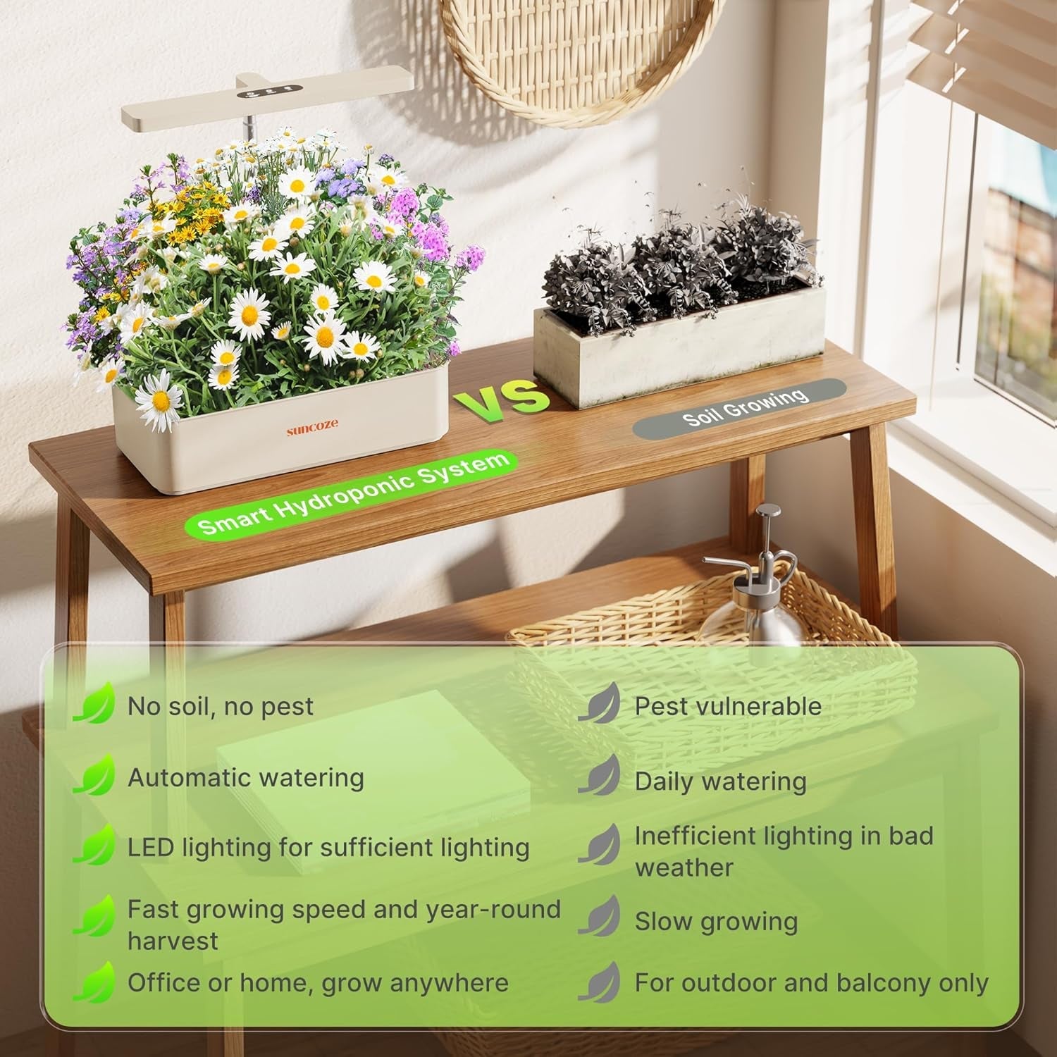 Kit sistem de creștere hidroponică cu 12 capsule, lampă LED de 24W pentru grădină de interior, rezervor de apă de 4L cu pompă silențioasă, jardinieră cu înălțime reglabilă pentru plante aromatice, kit de grădinărit de interior, cadouri de grădinărit, bej