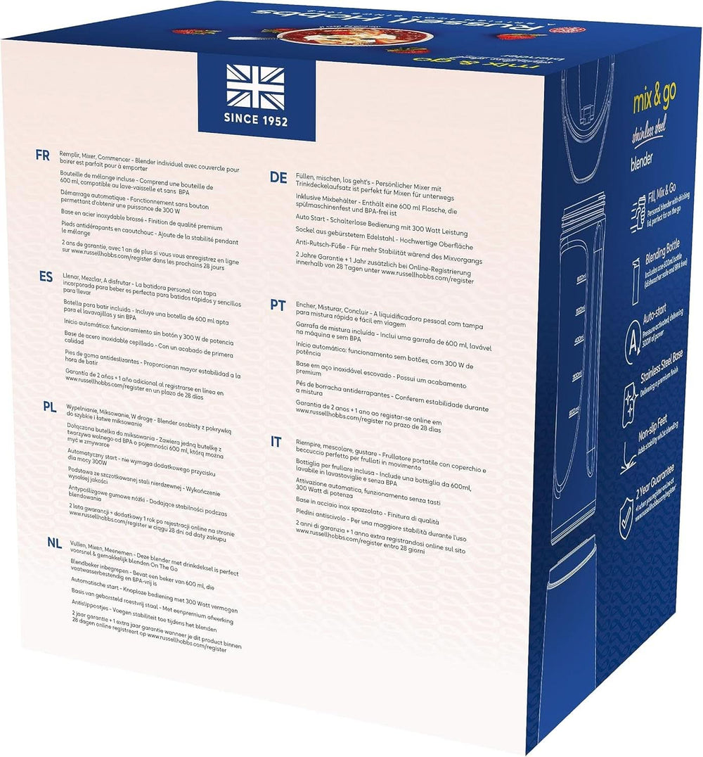 Russell Hobbs Mixer – Standmixer & Smoothie Maker to Go [23.500 U/Min Power-Motor] Inkl. 1X Mixbehälter 600Ml (Bpa-Frei, Spülmaschinen- & Bruchfest Inkl. Deckel) Zerkleinerer, Edelstahl, 23472-56 Kitchen Naty Shop