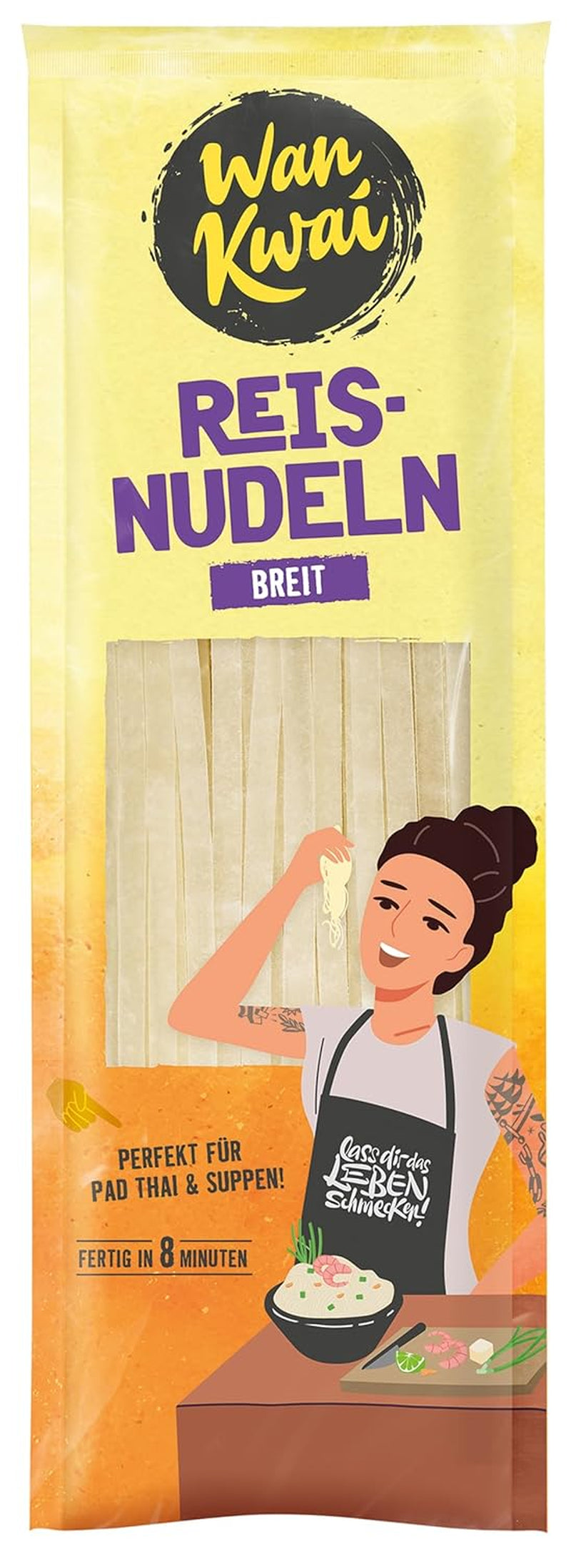 Wan Kwai breite Reisnudeln 250 g – Authentische Sorte für Pad Thai, Suppen und mehr. Vegan und glutenfrei. Fertig in 8 Minuten.