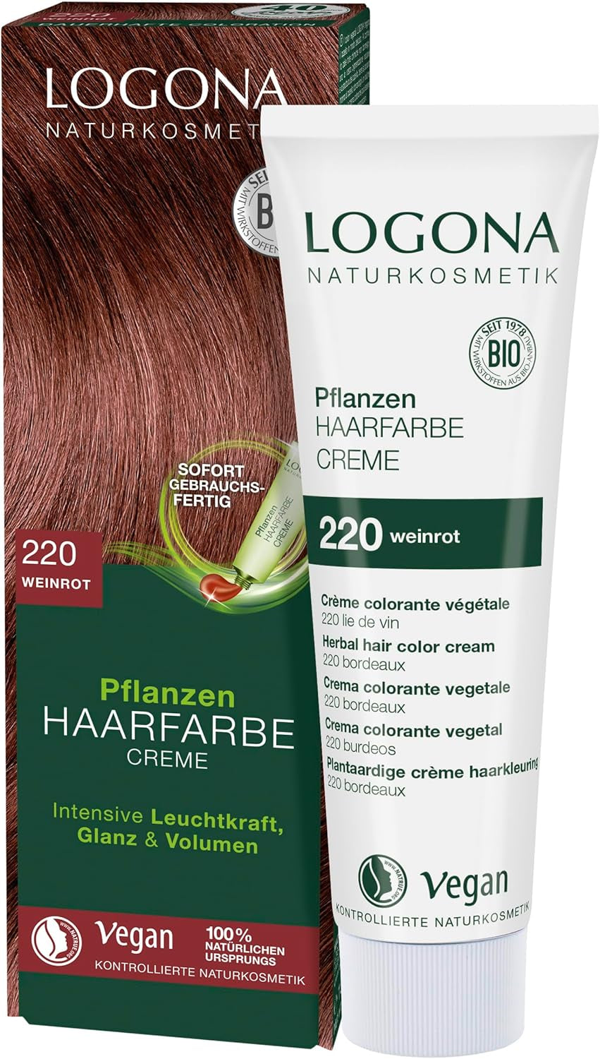 LOGONA Natural Cosmetics Plant Hair Colour Cream 240 Nougat Brown, Colorant natural pentru păr castaniu cu henna, cremă colorantă pentru tonuri de maro, colorare pentru păr închis la culoare, 150ml Vopsea pentru par Naty Shop 220 Vin roșu [Titian]