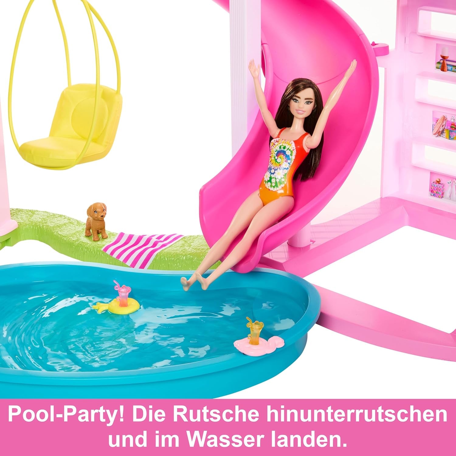 Barbie Dream Villa, 3-stöckiges Barbie-Haus mit 10 Spielbereichen, einschließlich Pool, Rutsche, Aufzug, 75 Puppenzubehör, Spielzeugwelpe, Spielzeug für Kinder ab 3 Jahren, HMX10 Naty Shop Puppenhäuser