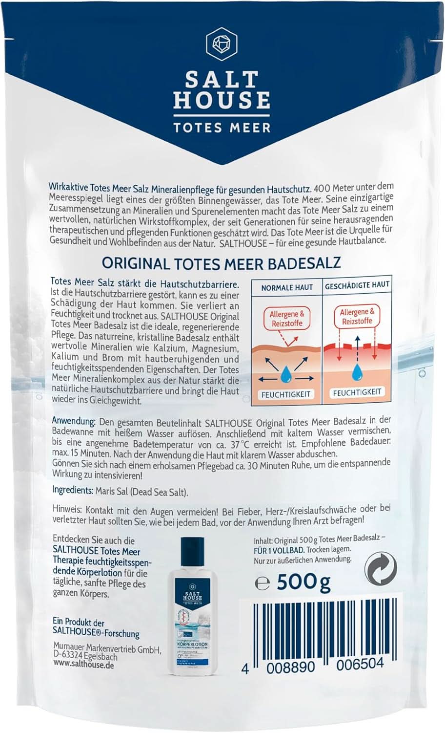 Salthouse Original Badesalz aus dem Toten Meer, Badesalz, beruhigende Hautreizungen, für empfindliche trockene Haut, 100 % natürlich, 500 Gramm Naty Shop Dusche & Bad