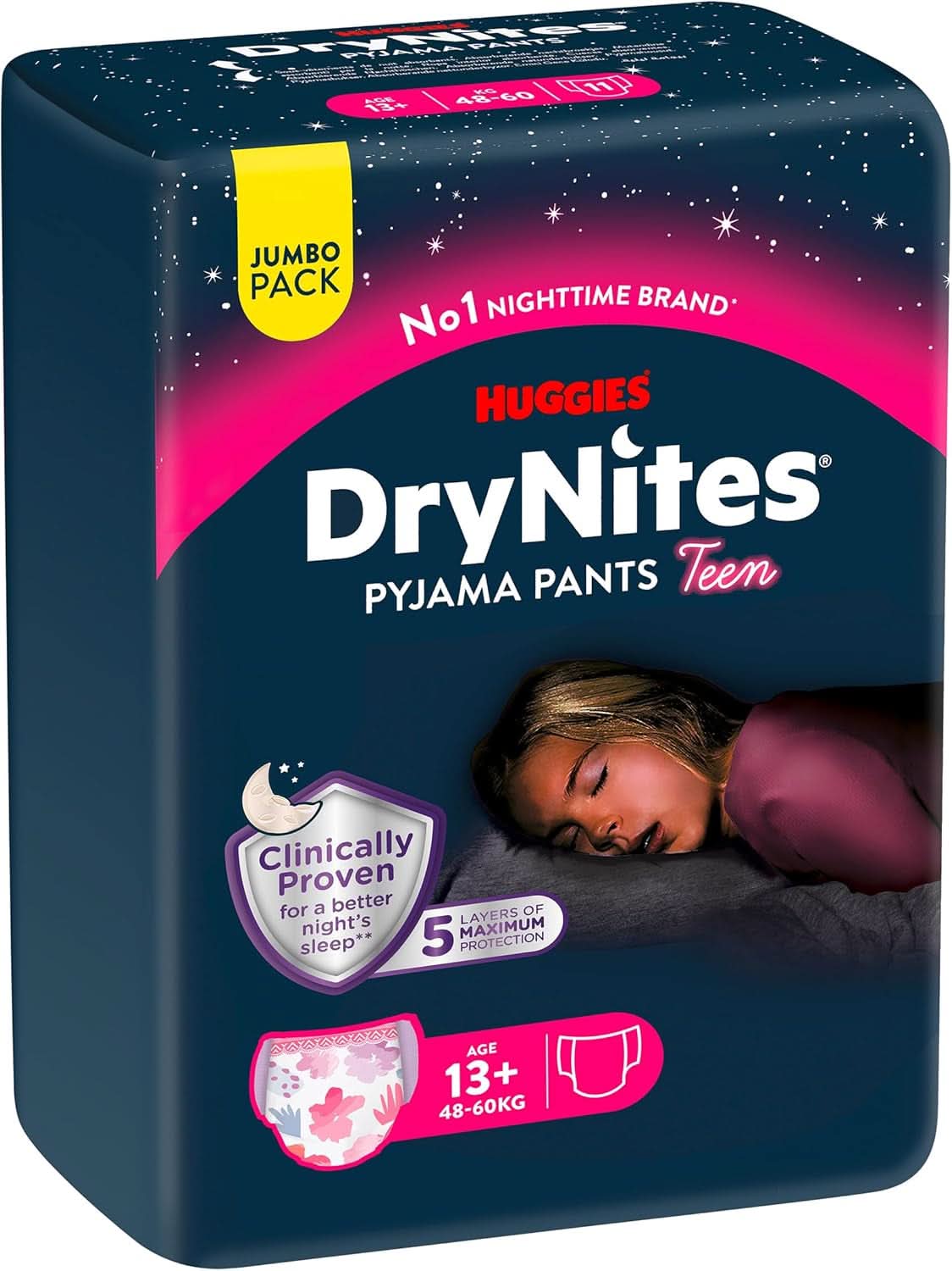 Huggies Drynites Nachtwindeln Bei Bettnässen, Für Mädchen Ab 13 Bis Ca. 17 Jahre (48-60 KG), 33 Stück (3X11), Jumbo-Monatspack, Windelhosen XL Zubehör Essen und Stillen Baby Naty Shop