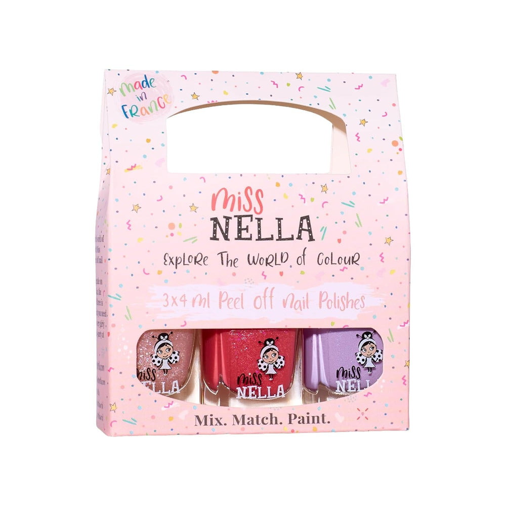 Set de ojă cu sclipici Miss Nella Magic Collection, 4 piese: roz, roșu, auriu și albastru, ojă detașabilă specială pentru copii, non-toxică, pe bază de apă și inodoră