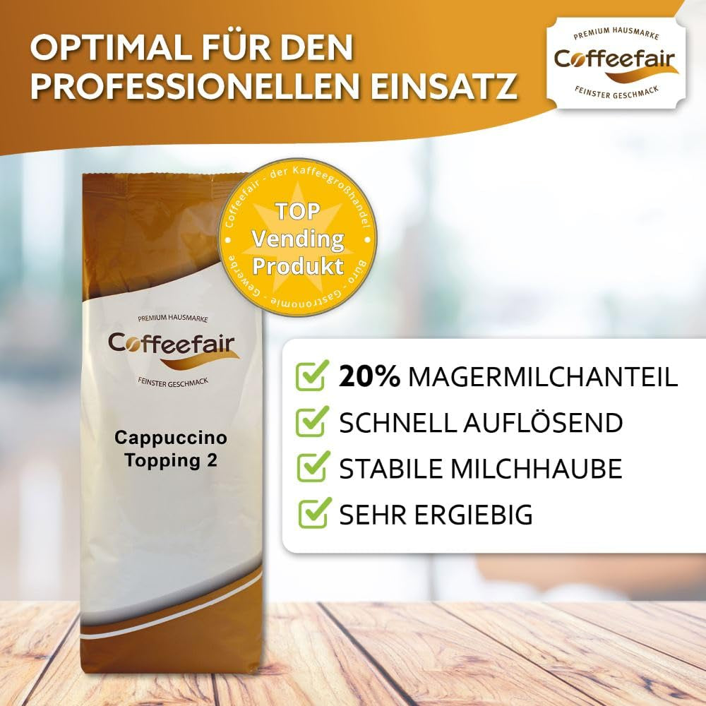 Coffeefair Cappuccino Topping 2 Instant-Milchpulver 10 x 1kg, Milchpulver für Kaffee- & Heißgetränkeautomaten, 20% Magermilchanteil, stabiler Milchschaum, ergiebig