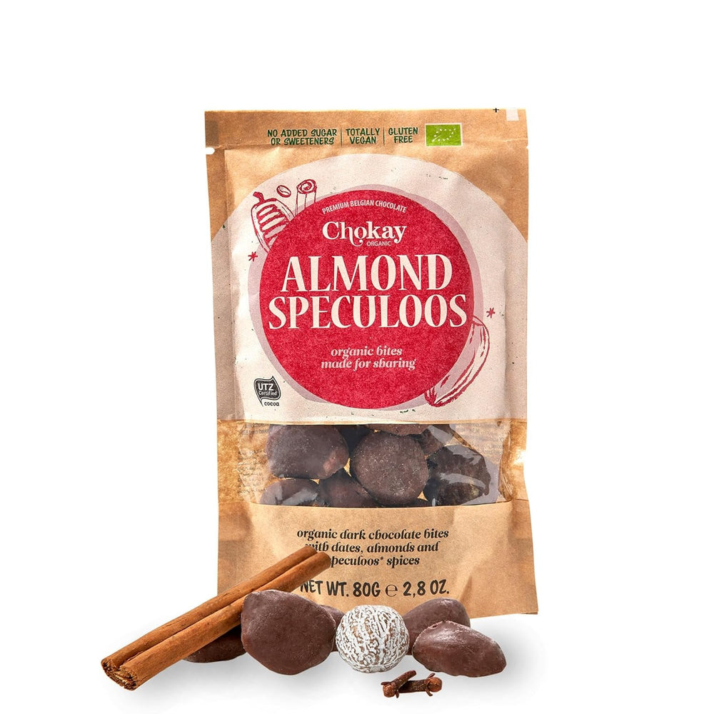 Organic Bites - Migdale cu Scorțișoară și Migdale în Ciocolată Neagră Belgiană / Fără Zahăr Adăugat, Fără Îndulcitori / Vegan și Comerț Echitabil / 1 x 85g