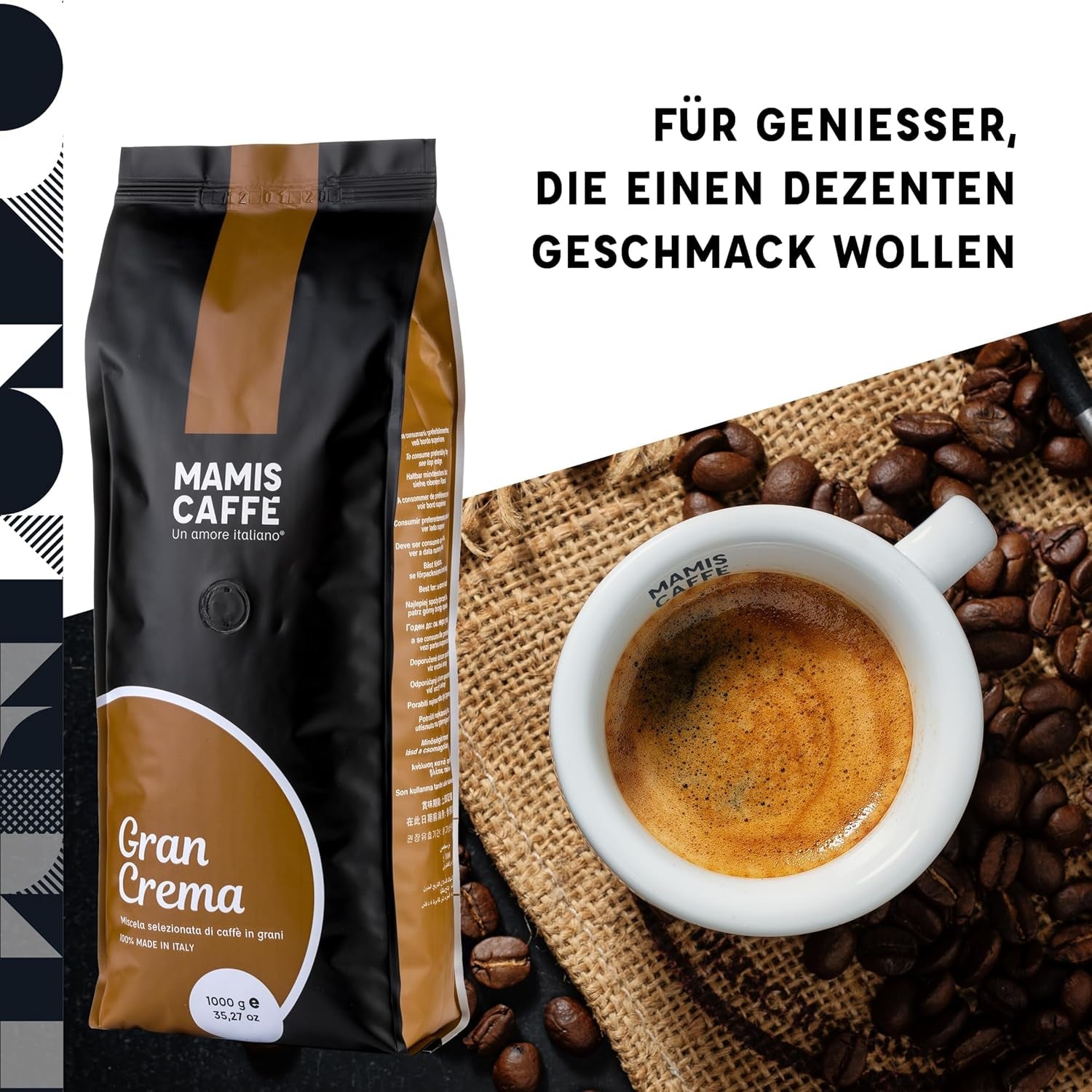 Mamis Caffè Gran Crema, ganze Espressobohnen – 100 % Arabica-Bohnen, fruchtiges Aroma, Schokolade, leicht süßlich, mittlere Röstung und dicke Crema, angebaut in Brasilien und Kolumbien Cafea Naty Shop
