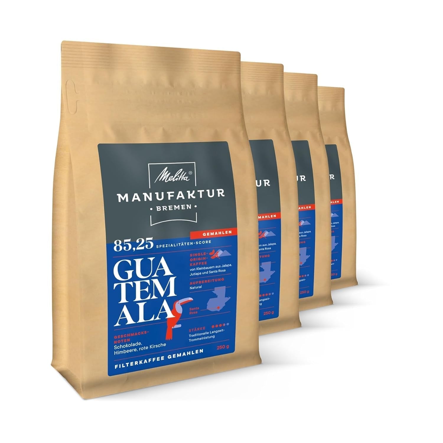 Melitta Manufaktur-Kaffee Guatemala Honig, Spezialitätenkaffee, 250 g, ganze Kaffeebohnen, ungemahlen, Single Origin Kaffee, zarte Trommelröstung, in Deutschland geröstet, Stärke 3 Naty Shop Coffee 4 x 250 Gramm natürliche ganze Bohnen aus Guatemala