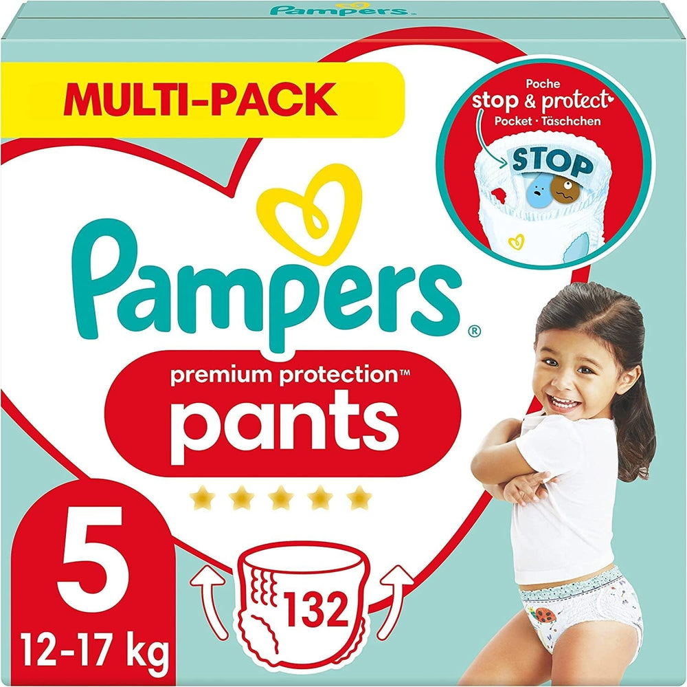 Scutece Pampers Premium Protection Pants mărimea 7, 123 scutece, 15 kg+, cu ajustare la 360° și manșete moi anti-scurgere pentru confort și protecție optime