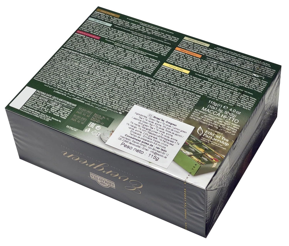 Ahmad Tea Evergreen – Sortiment de 6 ceaiuri verzi – mentă, lămâie, mango-lychee, zmeură-rodie, iasomie și ceai verde – 60 pliculețe de ceai ambalate individual, cu aromă sigilată