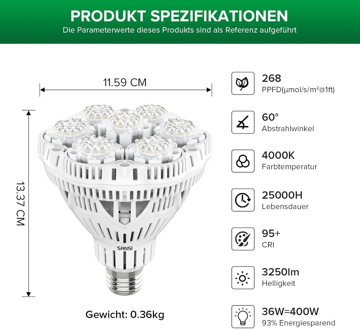 Lampă LED SANSI 36W cu spectru complet E27 pentru plante de interior, lampă LED de creștere cu lămpi de creștere PPFD ridicat pentru seră, grădină, flori, legume, hidroponică, dimensiune Ø11.5 * 13.3cm