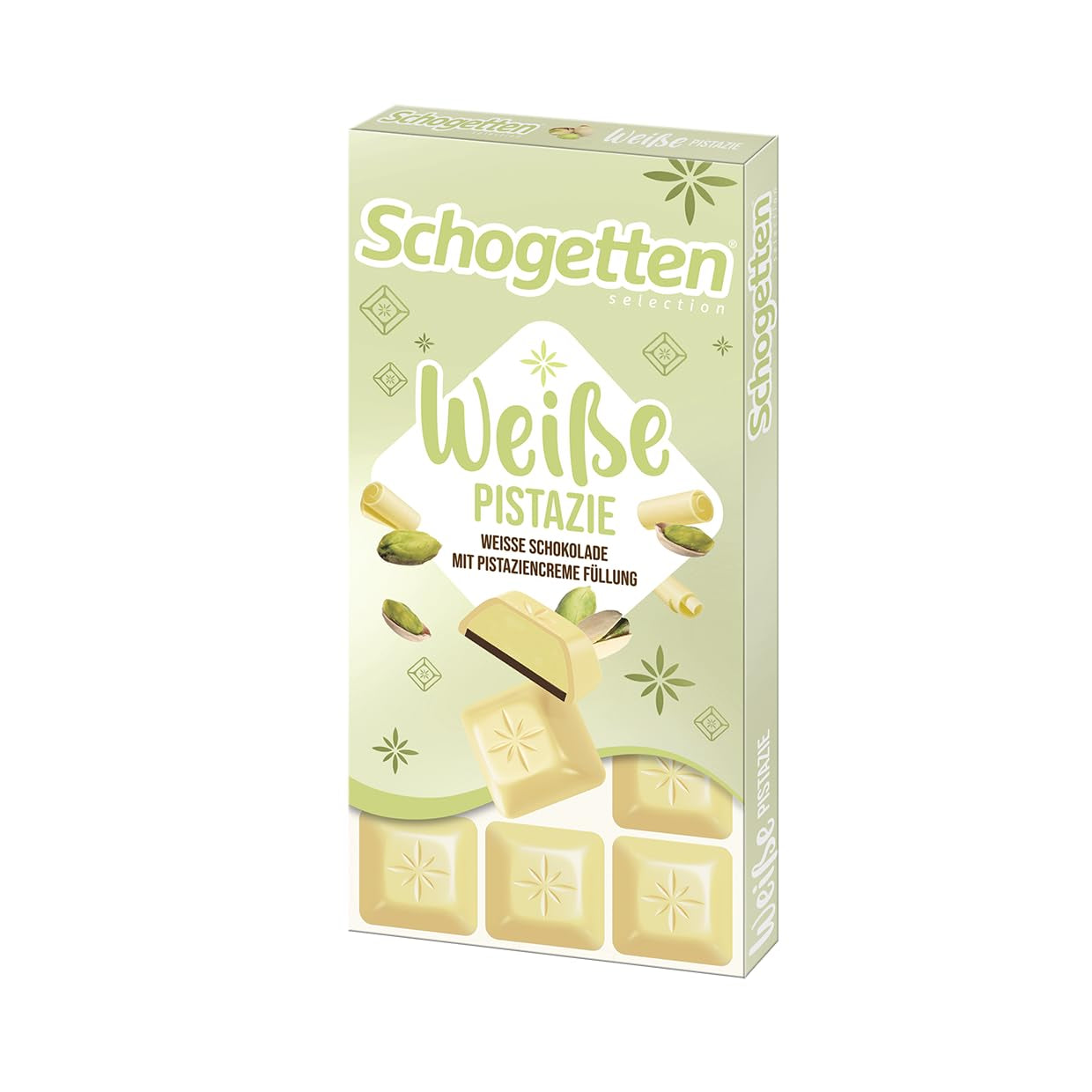 Schogetten Fistic Alb | Ciocolată albă cu umplutură de cremă de fistic | 100 g | Porționat convenabil (pachet de 3)