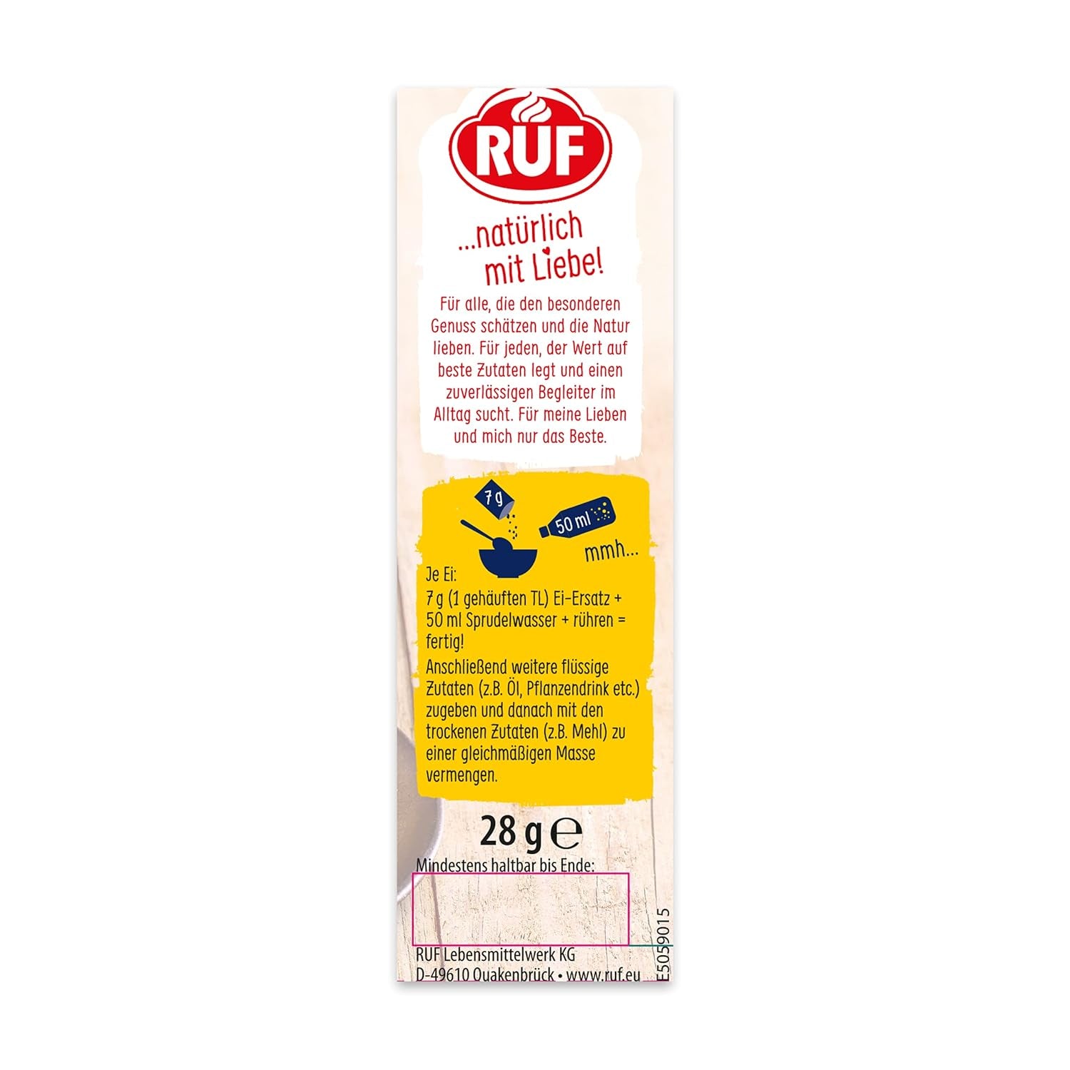 RUF Bio Veganer Ei-Ersatz, 100 % pflanzlicher Vollei-Ersatz, Ei-Ersatz-Pulver zum Backen, Kochen, Panieren & für Desserts, entspricht 4 Eiern