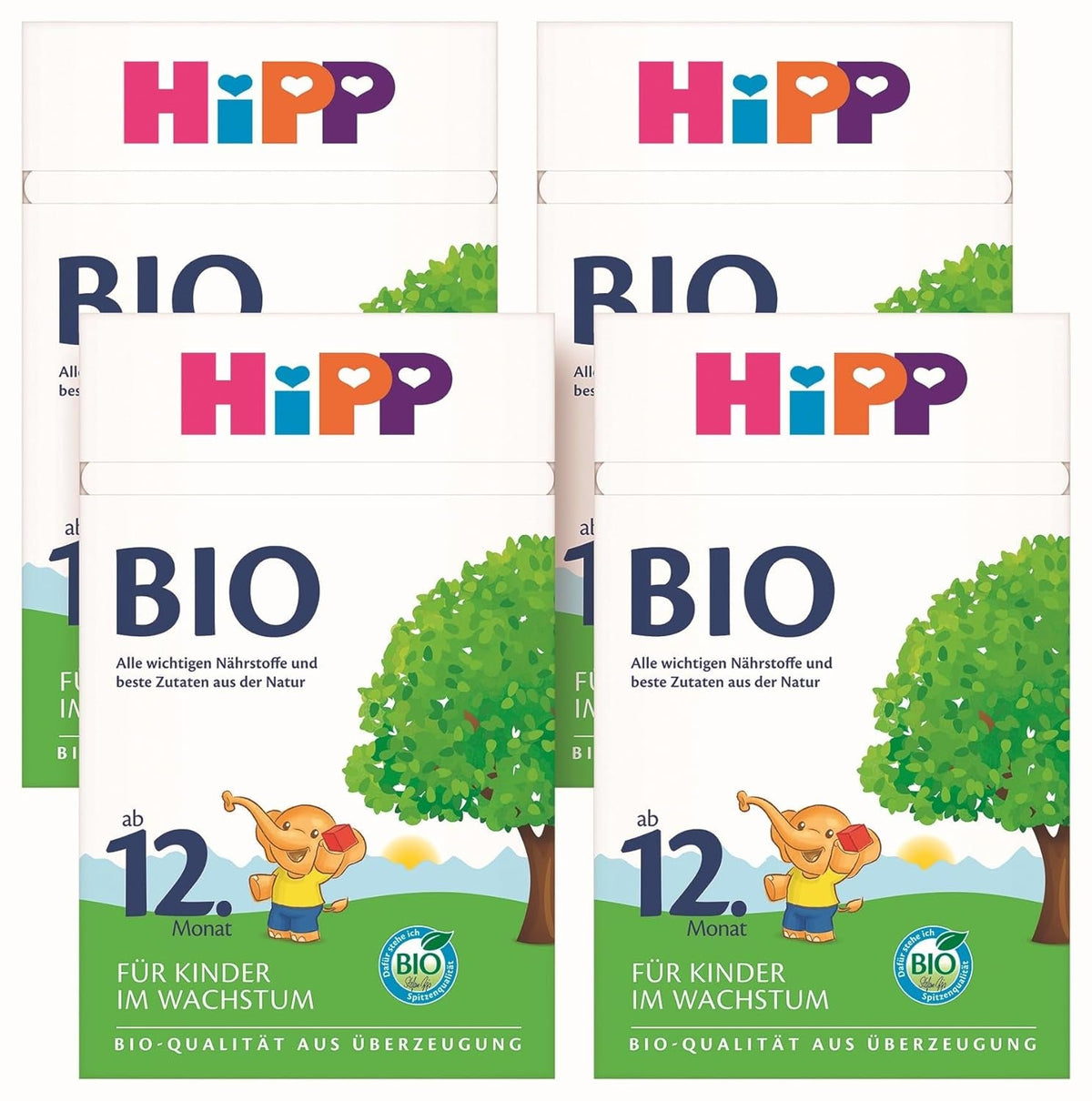 Lapte de creștere organic HiPP (4 x 600g), după 12 luni, cu calciu, fier, vitamina C și D, pentru copiii mici în creștere, de cea mai bună calitate organică