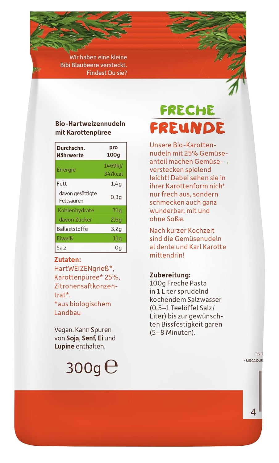 Freche Freunde Bio-Gemüsenudeln „Karotte“, 25 % Gemüseanteil, vegan, 6er-Pack (6 x 300 g)