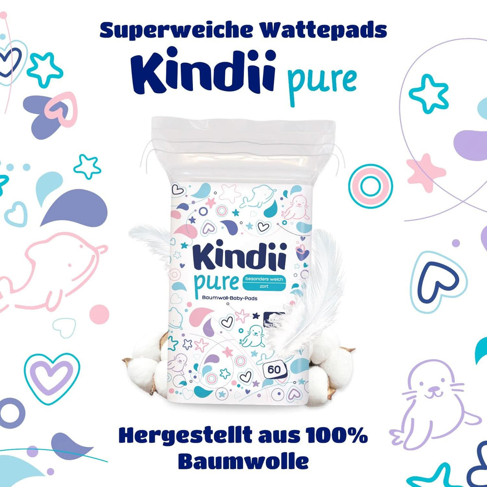 Kindii Pure Baby Pads – 100 % Baumwolle – Große quadratische Pads für empfindliche Haut – Ersetzt Feuchttücher – Weich – Weiche Kanten Baby-Feuchttücher Naty Shop