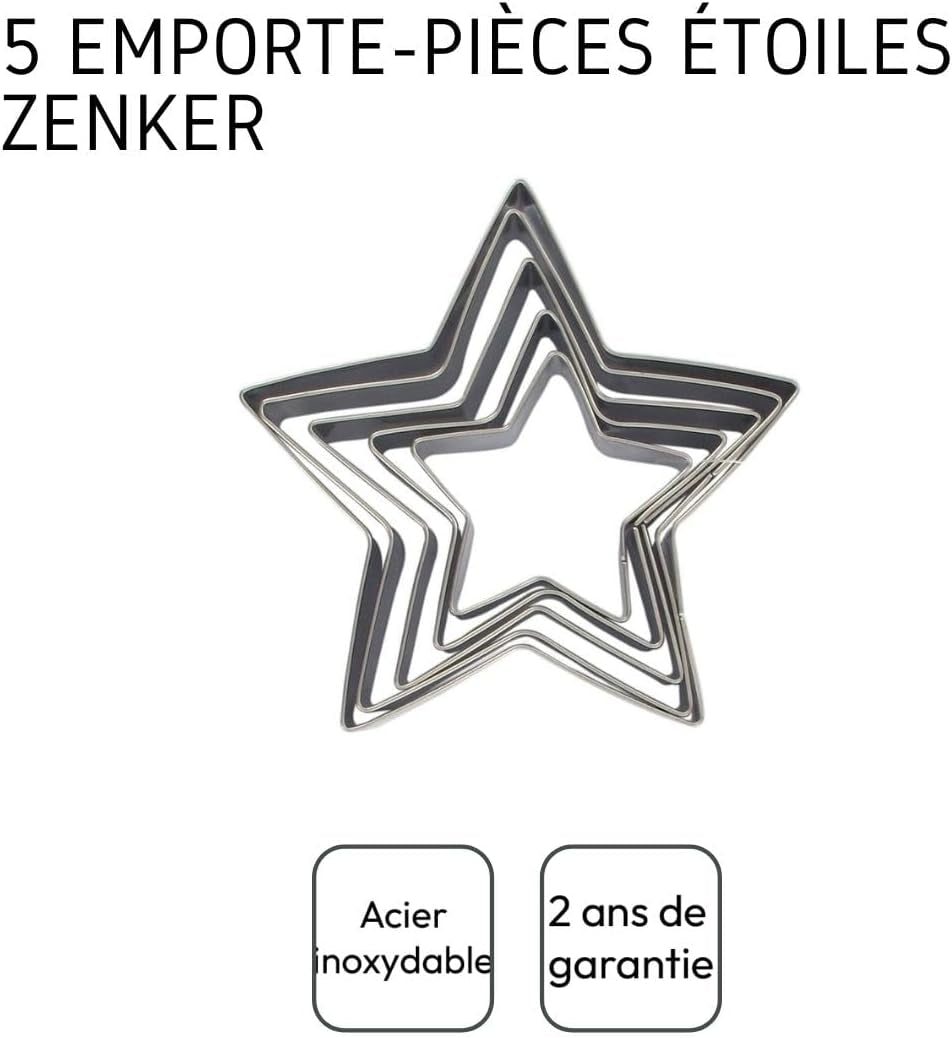 Zenker 44813 Set de 5 forme de biscuiți în formă de stea, Set de 5 forme de patiserie în formă de stea, Oțel inoxidabil, Argintiu, 6-12 x 2,5 cm