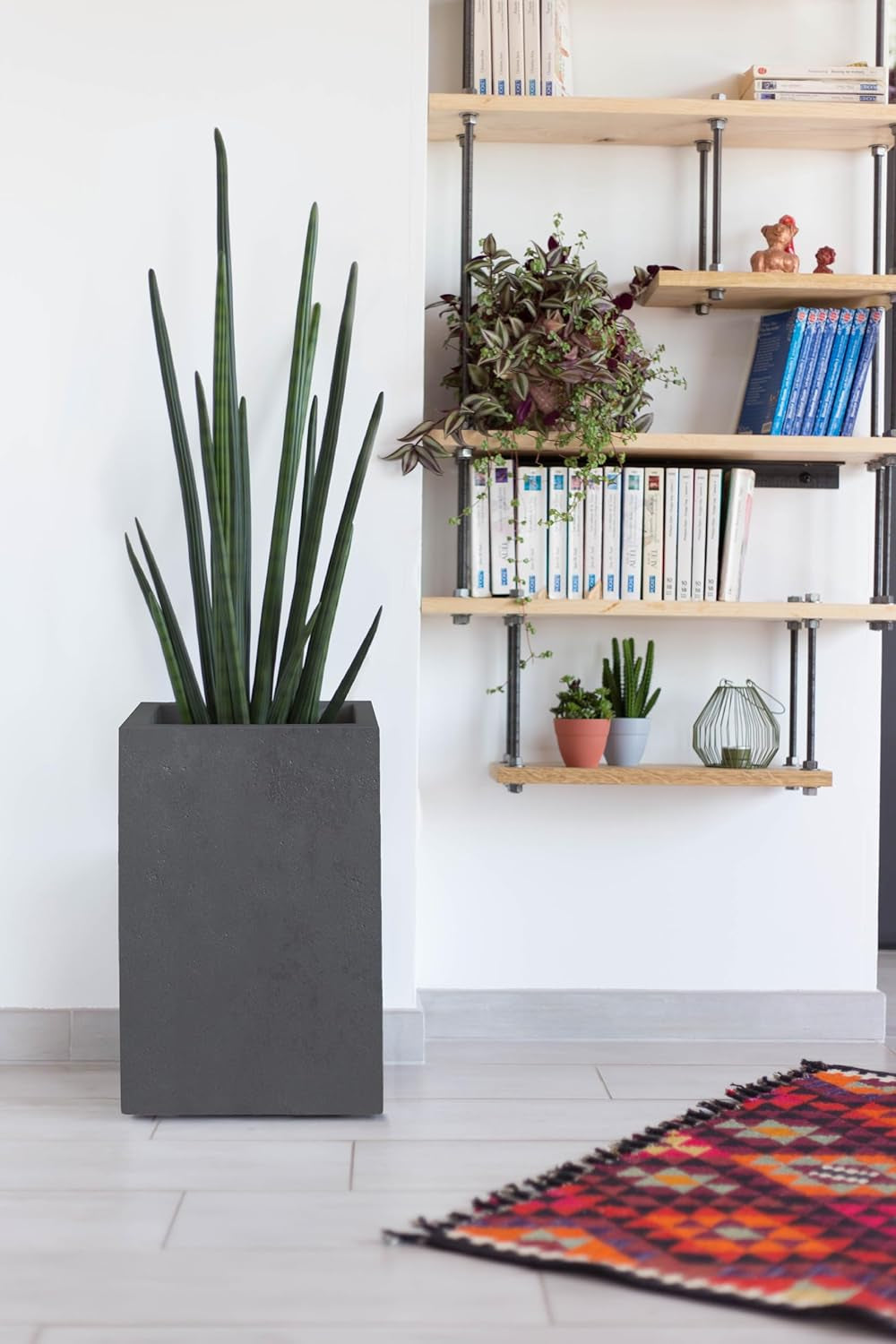 Ghiveci de flori Basalt'Up, pătrat, înalt, 36 l, aspect beton, perete simplu, rezervor de apă, 29,5 x 29,5 x 49,5 cm, gri antracit