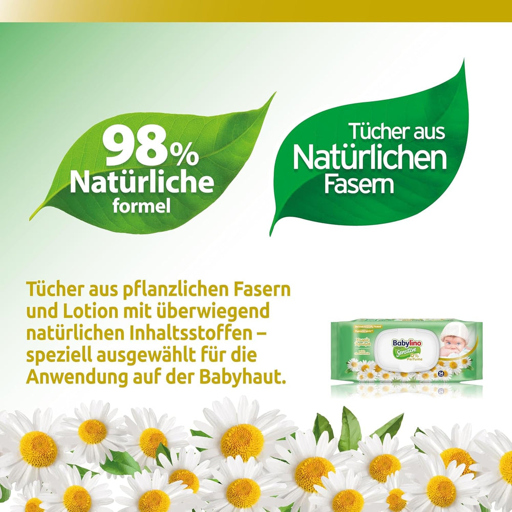 Șervețele umede pentru bebeluși sensibili, 0% parfum, formulă 98% naturală care restabilește echilibrul pH-ului pielii, cu sigiliu de prospețime, 54 de șervețele