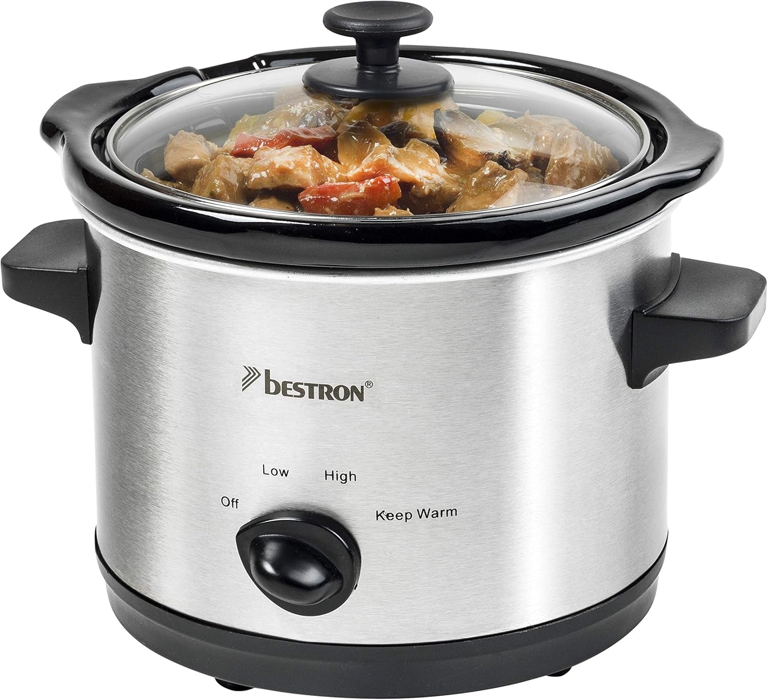 Bestron Slow Cooker mit Keramikpfanne und Glasdeckel, 3-Stufen-Thermostat, ideal für viele Gerichte wie Fleisch, Suppen und Gemüse, 3,5 Liter, Farbe: Silber Slow Cooker Naty Shop Silver 2 Personen
