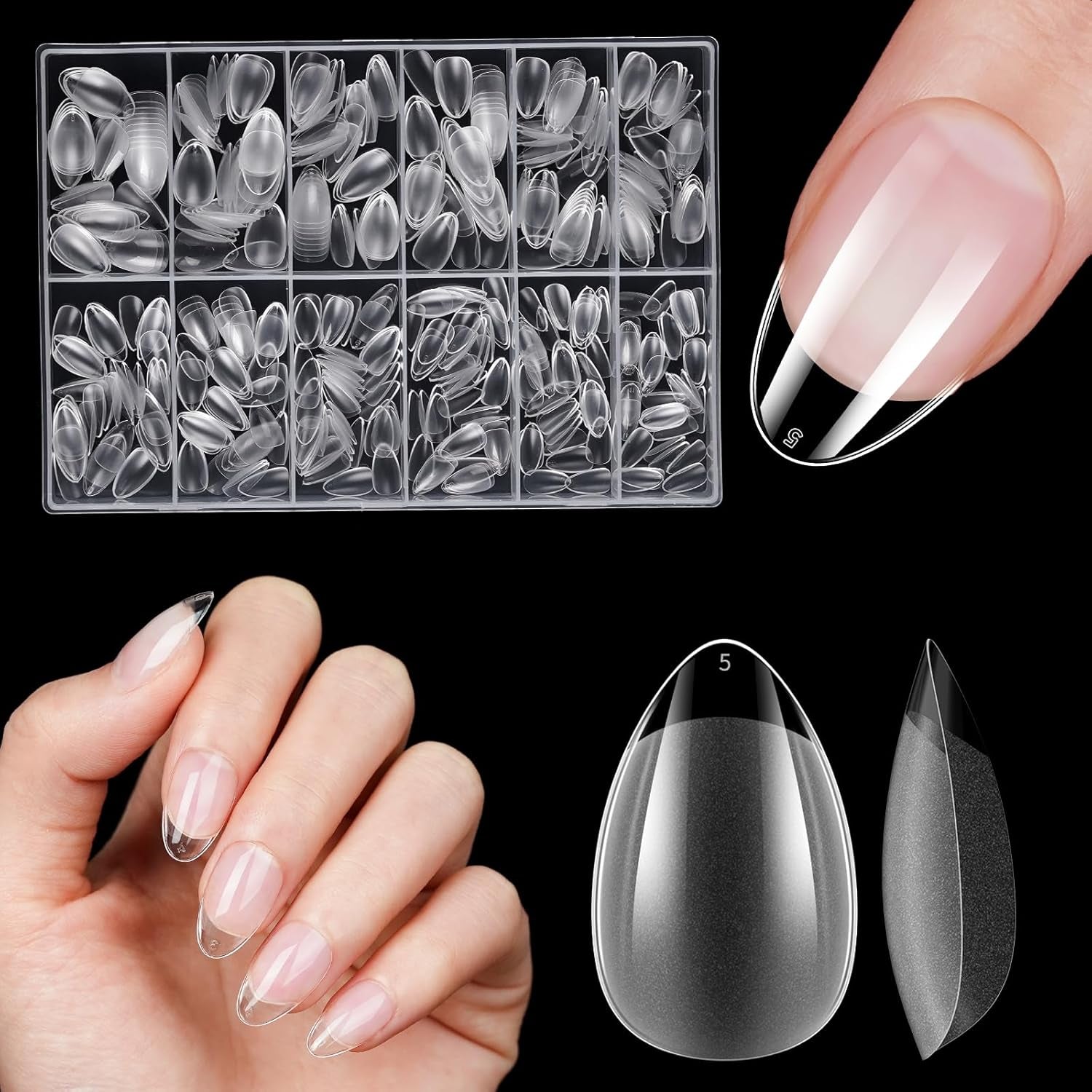 Unghii artificiale scurte, 500 bucăți gel moale acoperire completă vârfuri de unghii pentru unghii cu gel 12 mărimi vârfuri de unghii pre-lustruite pentru unghii cu gel, unghii artificiale scurte sicriu pentru extensii de unghii cu cutie