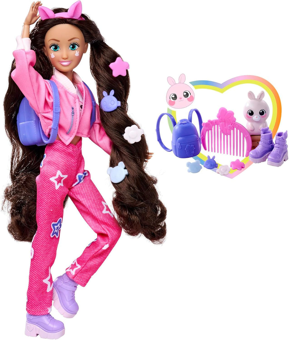 Simba 105953975 - Kawaii Hi Ankleidepuppe Lucy (26 cm) - bewegliche Modepuppe zum Frisieren und Stylen, Puppe mit Langen Haaren, Hase und Zubehör, Spielzeug für Kinder ab 4 Jahre