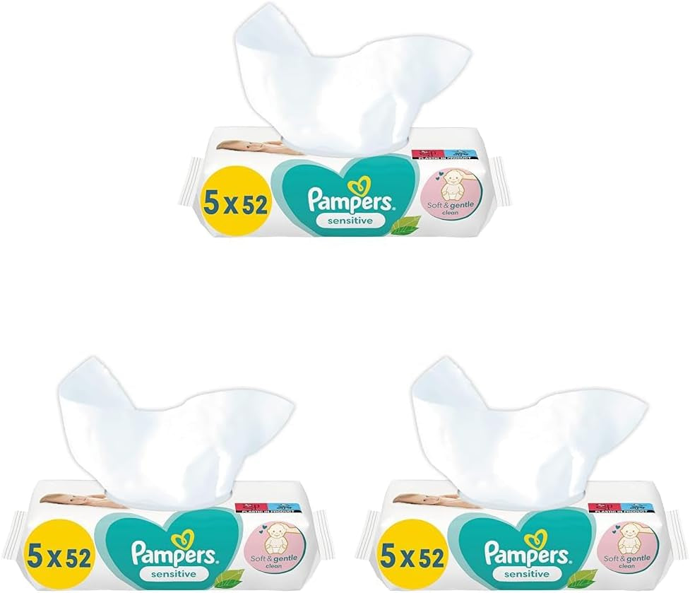 Șervețele umede pentru bebeluși sensibili, 260 de șervețele (5 x 52), fără parfum, pentru o curățare delicată și delicată (pachet de 3)